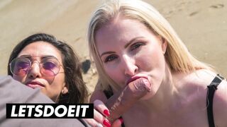 Milf britannique Georgie Lyall mord la chatte sur la plage en bois avec le sein de Frida Sante