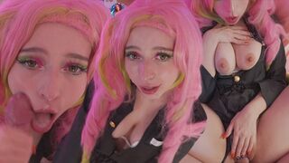 Mitsuri dans Kanroji cosplay profite des trous dans la bite et obtient un énorme coup de feu au visage
