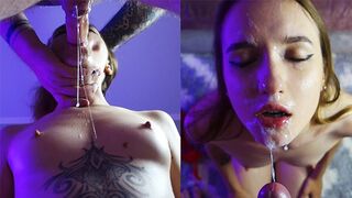 Elle lèche ses douces boules avec sa petite bouche, et puis elle lui vaporise de la nourriture chaude au visage