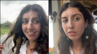 Elle se promène dans le café avec un éjaculation sur le visage