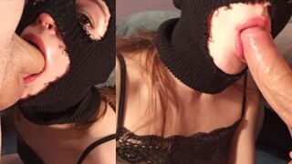 Belle fille dans un masque de ski obtient une bite juteuse dans sa bouche
