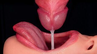 Image en gros plan : le meilleur spritzes de pipe deux fois ! Un coup de feu ! La bite la plus humide suce en asmr 4k